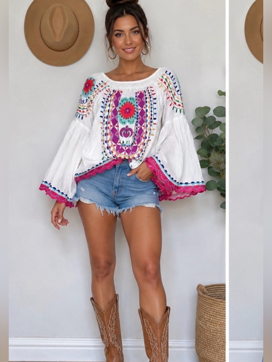 The Coco Brand Tops - 🌺Boho Handmade White Cotton Embroidered Top Sz S/M Quarter Flutter Bell Sleeve